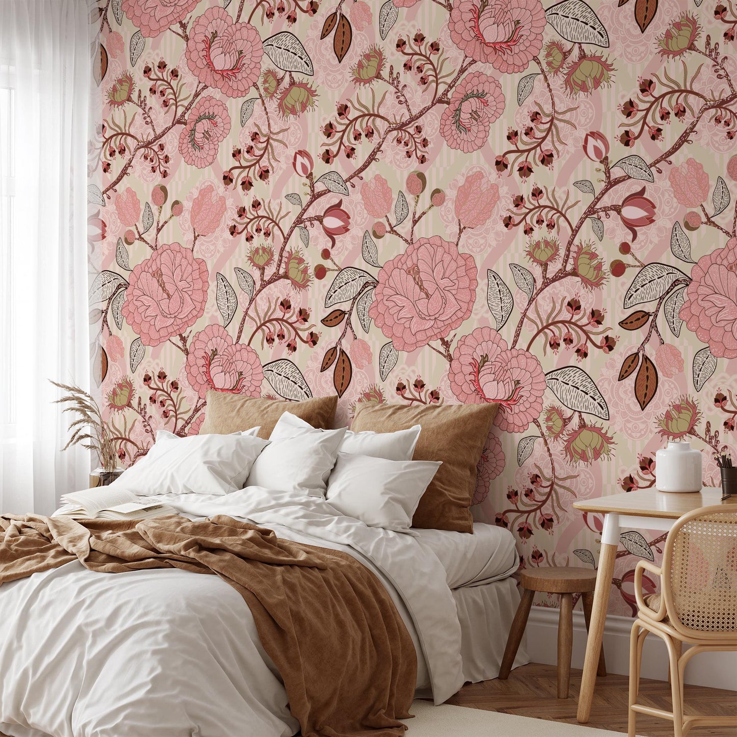 Pink Paisley Damask Style Wallpaper, Vintage Pink Rose Garden Wall Poster, Pink Flowers Wallpaper, Illustration Ethnic Flowers Wallpaper