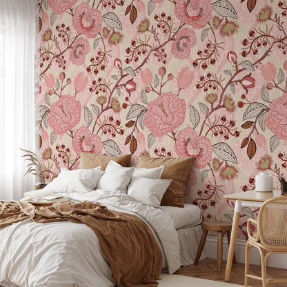Pink Paisley Damask Style Wallpaper, Vintage Pink Rose Garden Wall Poster, Pink Flowers Wallpaper, Illustration Ethnic Flowers Wallpaper
