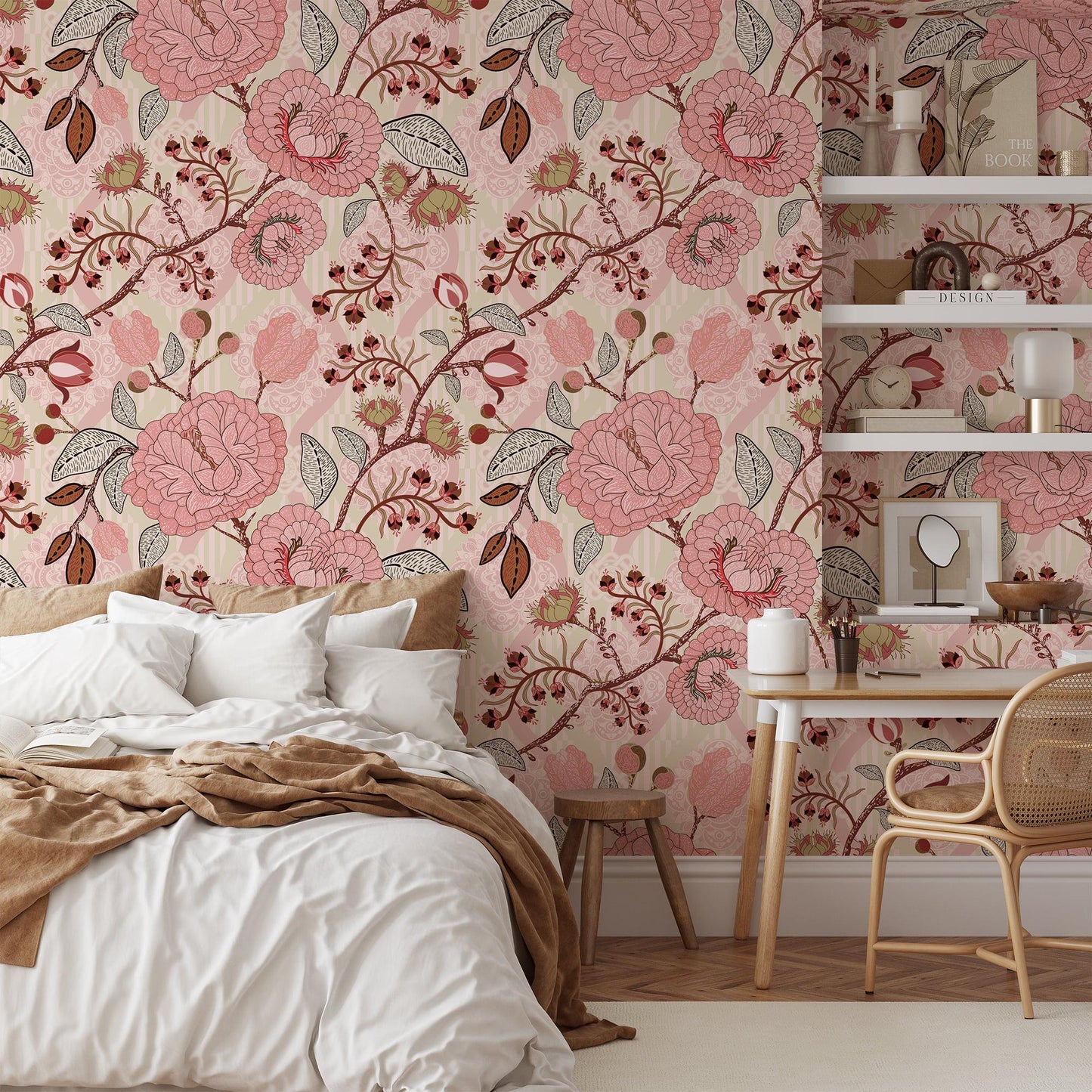 Pink Paisley Damask Style Wallpaper, Vintage Pink Rose Garden Wall Poster, Pink Flowers Wallpaper, Illustration Ethnic Flowers Wallpaper