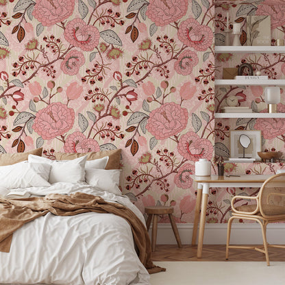 Pink Paisley Damask Style Wallpaper, Vintage Pink Rose Garden Wall Poster, Pink Flowers Wallpaper, Illustration Ethnic Flowers Wallpaper