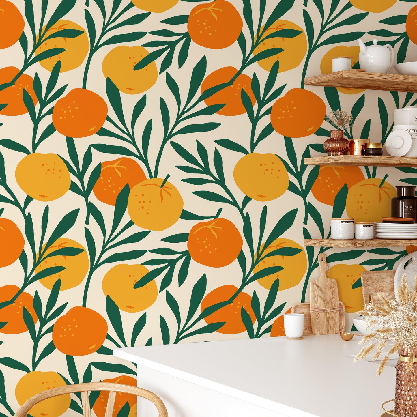 Orange Pattern Wallpaper, Citrus Wall Poster with Vibrant Green Leaves, Illustration Wallpaper, Tangerine Kitchen Mural, Orchard Wallpaper