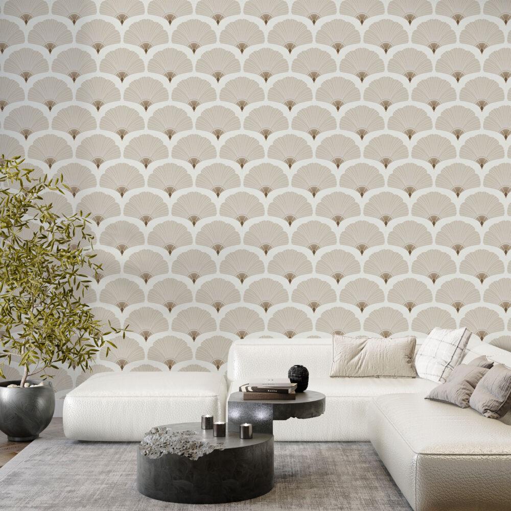 Beige Fan Pattern Wallpaper, Shaped  Wallpaper, Elegance Peel and Stick Wallpaper, Stylish Room Design, Bright Color Wallpaper