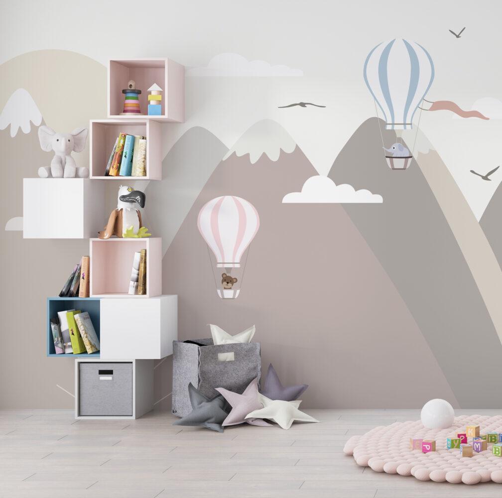 Children's Wallpaper with Cute Animals Flying in Balloons and Mountain Pattern in Light Tones, Illustration Watercolor Fun Wallpaper Nursery