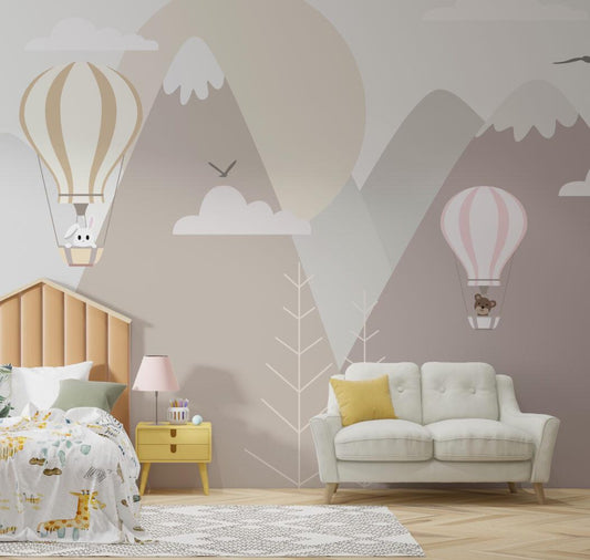 Children's Wallpaper with Cute Animals Flying in Balloons and Mountain Pattern in Light Tones, Illustration Watercolor Fun Wallpaper Nursery