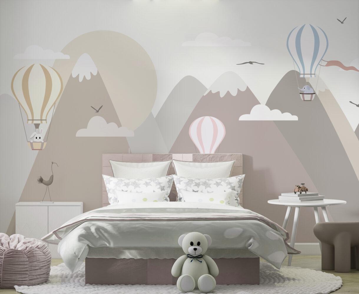 Children's Wallpaper with Cute Animals Flying in Balloons and Mountain Pattern in Light Tones, Illustration Watercolor Fun Wallpaper Nursery