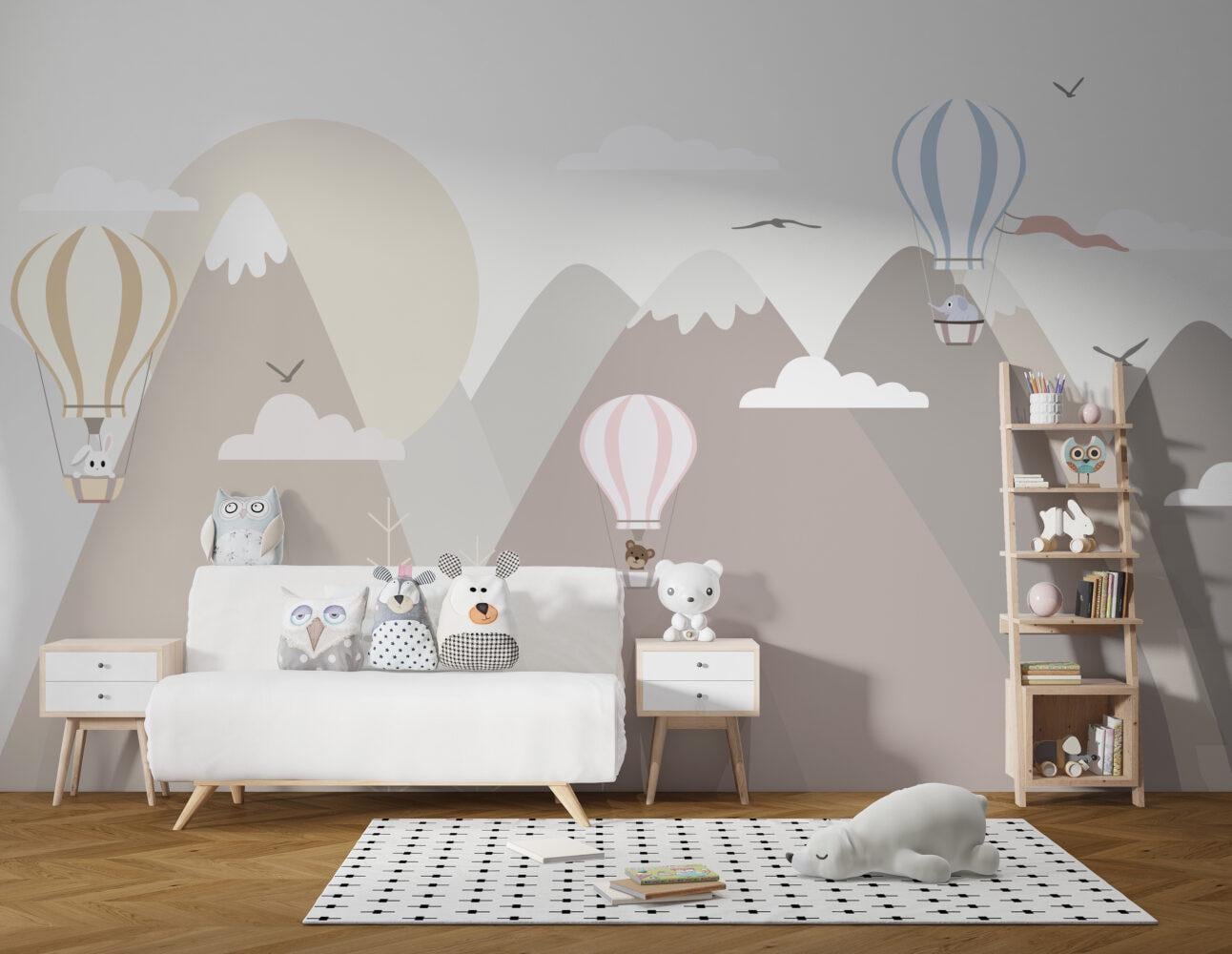 Children's Wallpaper with Cute Animals Flying in Balloons and Mountain Pattern in Light Tones, Illustration Watercolor Fun Wallpaper Nursery