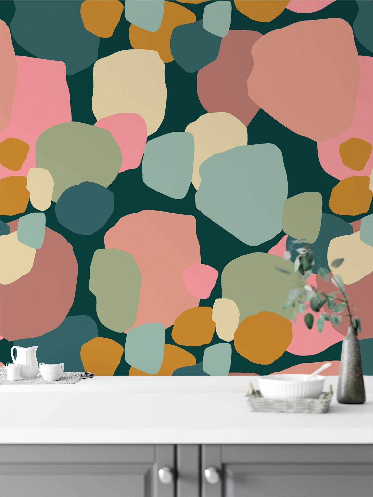 Abstract Exotic Pebbles Wallpaper, Soft Pastel Geometric 3D Wallpaper, Boho Style Pattern Wallpaper, Watercolor Colorful Wallpaper