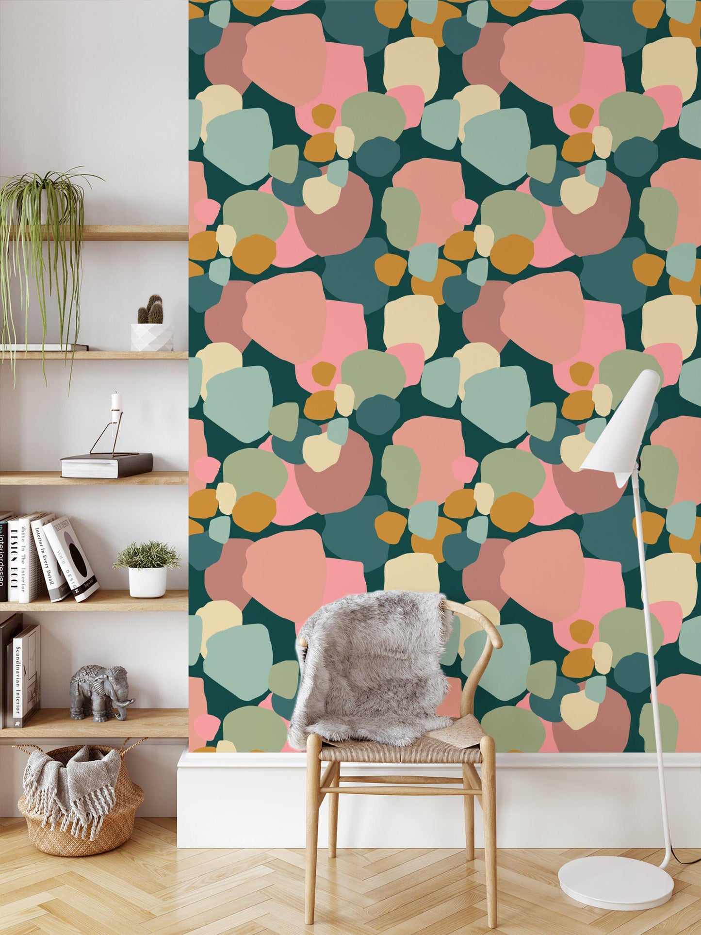 Abstract Exotic Pebbles Wallpaper, Soft Pastel Geometric 3D Wallpaper, Boho Style Pattern Wallpaper, Watercolor Colorful Wallpaper