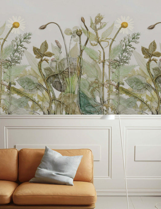 Elegant Tall Stem Plants Wallpaper, Drawwing Flowers Wallpaper, Illustration Wallpaper, Watercolor Floral Wallpaper, Bohemian Mural