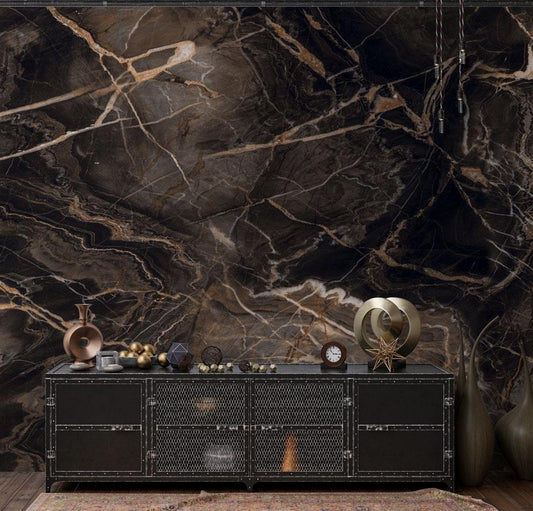 Black Gold Detailed Marble Wallpaper, Marble Textured Wallpaper, Modern Design Marble Effect Wallpaper, Natural Looking Marble Wallpaper