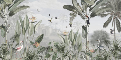 Tropical Trees and Birds Wallpaper, Tropical Forest Wallpaper, Rainforest Wallpaper, Bird Sanctuary Wallpaper, Exotic Plant Floral Wallpaper