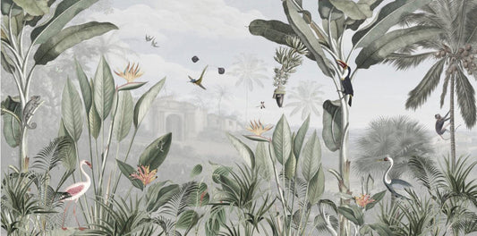 Tropical Trees and Birds Wallpaper, Tropical Forest Wallpaper, Rainforest Wallpaper, Bird Sanctuary Wallpaper, Exotic Plant Floral Wallpaper