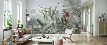 Tropical Trees and Birds Wallpaper, Tropical Forest Wallpaper, Rainforest Wallpaper, Bird Sanctuary Wallpaper, Exotic Plant Floral Wallpaper
