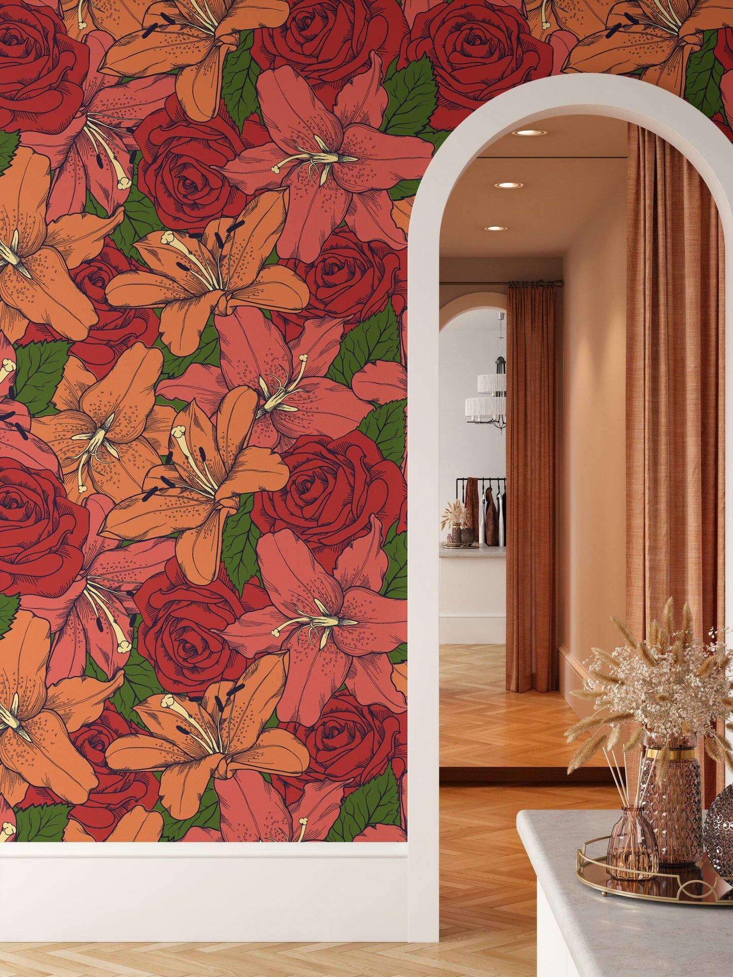 Colorful Retro Striped Red Roses and Flowers Wallpaper, Vivid Rose and Lily Flower Wall Poster, Drawwing Illustration Garden Wallpaper