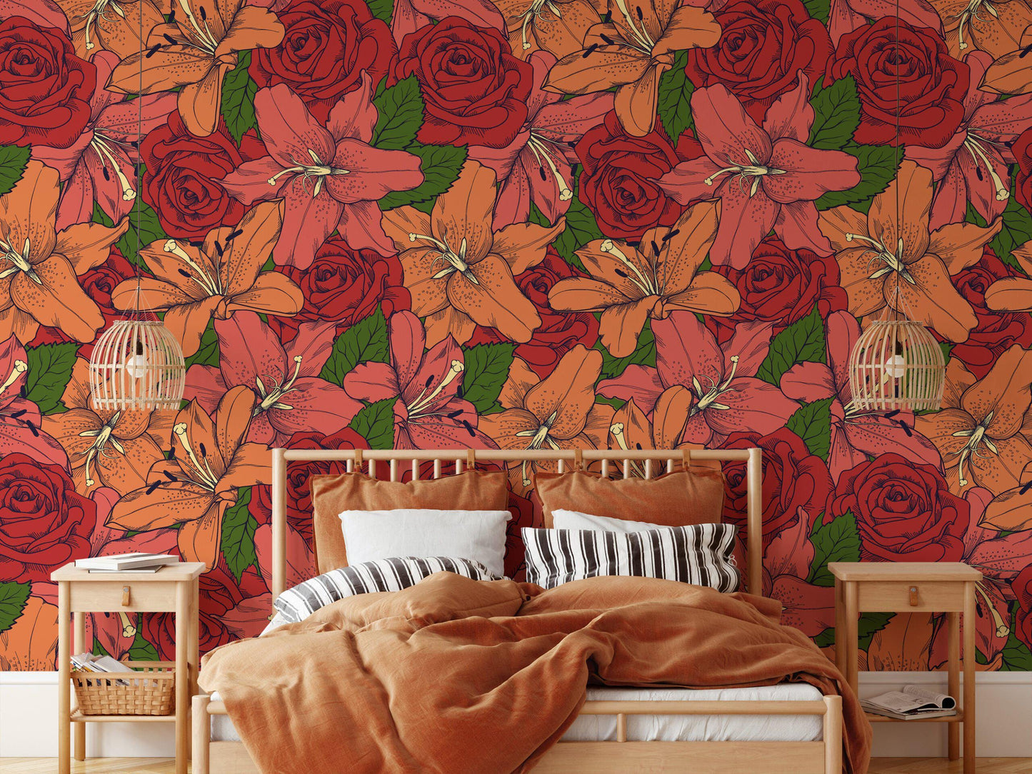 Colorful Retro Striped Red Roses and Flowers Wallpaper, Vivid Rose and Lily Flower Wall Poster, Drawwing Illustration Garden Wallpaper