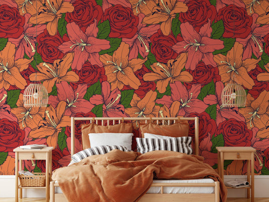 Colorful Retro Striped Red Roses and Flowers Wallpaper, Vivid Rose and Lily Flower Wall Poster, Drawwing Illustration Garden Wallpaper