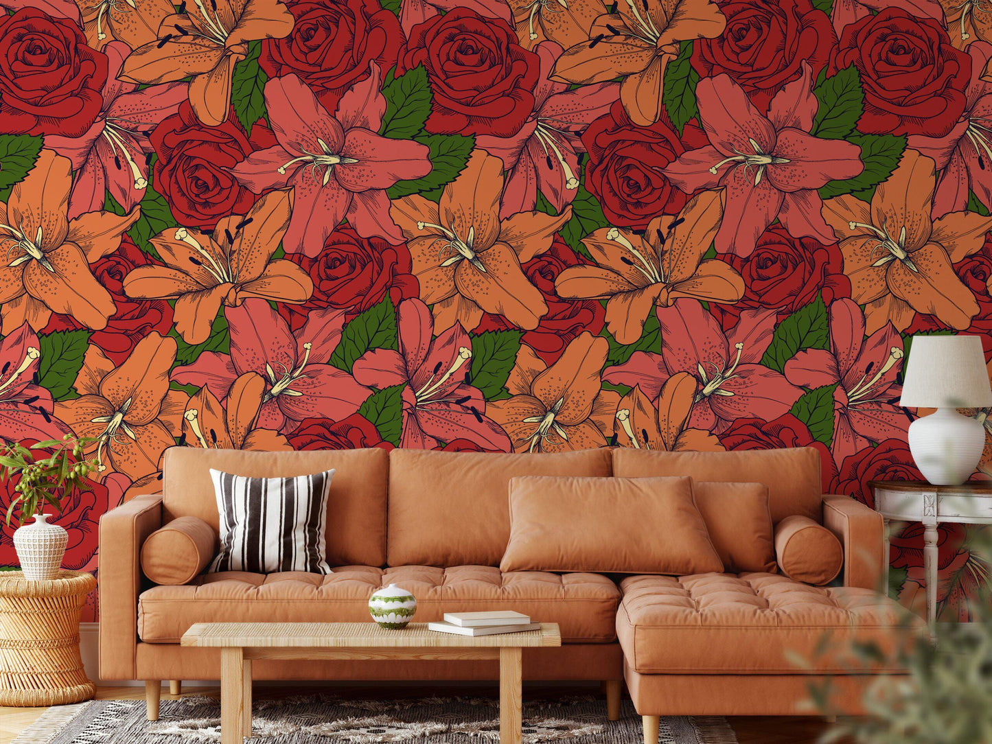 Colorful Retro Striped Red Roses and Flowers Wallpaper, Vivid Rose and Lily Flower Wall Poster, Drawwing Illustration Garden Wallpaper