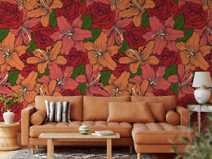 Colorful Retro Striped Red Roses and Flowers Wallpaper, Vivid Rose and Lily Flower Wall Poster, Drawwing Illustration Garden Wallpaper
