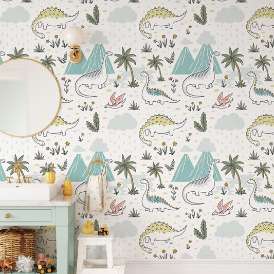 Dinosaur Drawings with Flowers Kids Wallpaper, Drawing Cute Dinosaur 3D Wall Poster, Kids Wallpaper, Sketch Baby Wallpaper,Wallpaper Nursery