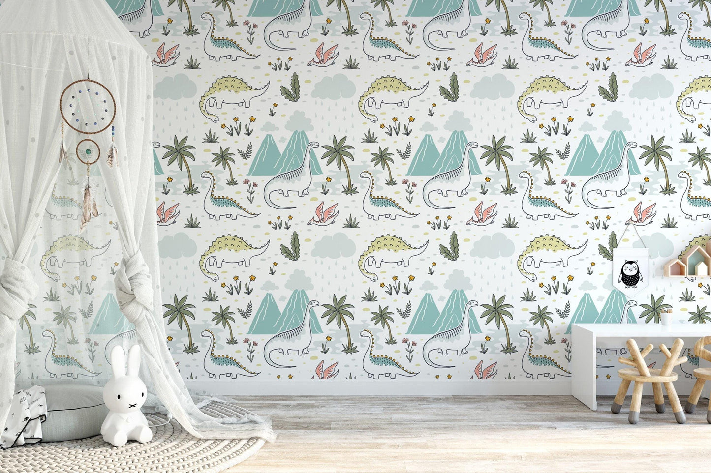 Dinosaur Drawings with Flowers Kids Wallpaper, Drawing Cute Dinosaur 3D Wall Poster, Kids Wallpaper, Sketch Baby Wallpaper,Wallpaper Nursery