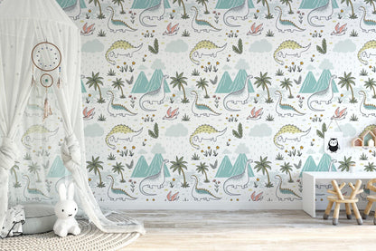 Dinosaur Drawings with Flowers Kids Wallpaper, Drawing Cute Dinosaur 3D Wall Poster, Kids Wallpaper, Sketch Baby Wallpaper,Wallpaper Nursery