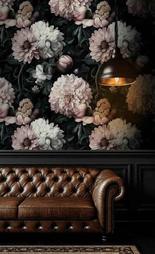 Garden in the Shadow of Night Wallpaper, Elegant Flowers Wallpaper, Darkness Floral Painting Wallpaper, Romantic Mural, Bloom Wallpaper