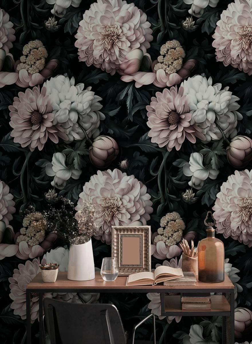 Garden in the Shadow of Night Wallpaper, Elegant Flowers Wallpaper, Darkness Floral Painting Wallpaper, Romantic Mural, Bloom Wallpaper