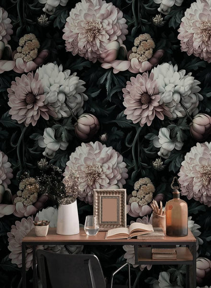 Garden in the Shadow of Night Wallpaper, Elegant Flowers Wallpaper, Darkness Floral Painting Wallpaper, Romantic Mural, Bloom Wallpaper