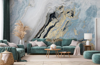 Blue Tones Marble Wallpaper with Gold Color Effect Wallpaper, Abstract Marble Texture Acrylic Paints Cool Mural, Stylish Modern Wallpaper