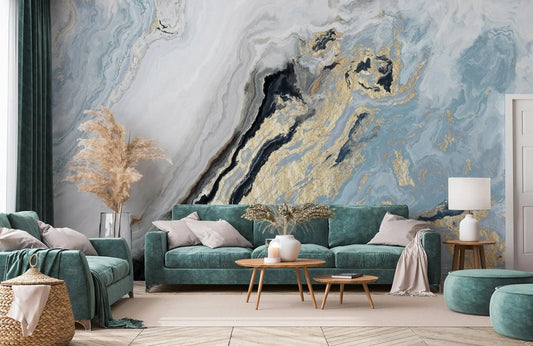 Blue Tones Marble Wallpaper with Gold Color Effect Wallpaper, Abstract Marble Texture Acrylic Paints Cool Mural, Stylish Modern Wallpaper