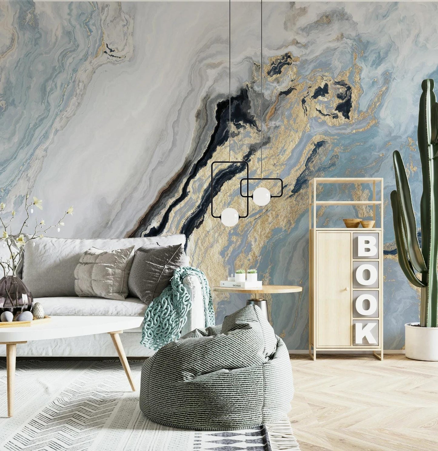 Blue Tones Marble Wallpaper with Gold Color Effect Wallpaper, Abstract Marble Texture Acrylic Paints Cool Mural, Stylish Modern Wallpaper