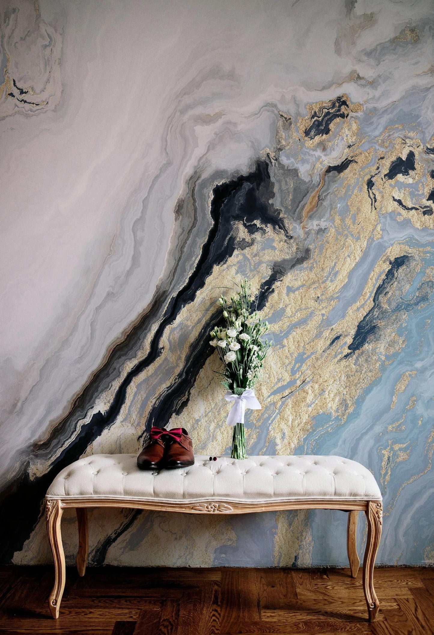 Blue Tones Marble Wallpaper with Gold Color Effect Wallpaper, Abstract Marble Texture Acrylic Paints Cool Mural, Stylish Modern Wallpaper