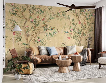 Bird & Flowers Yellow Beige Elegant Wallpaper, Vintage Floral Mural