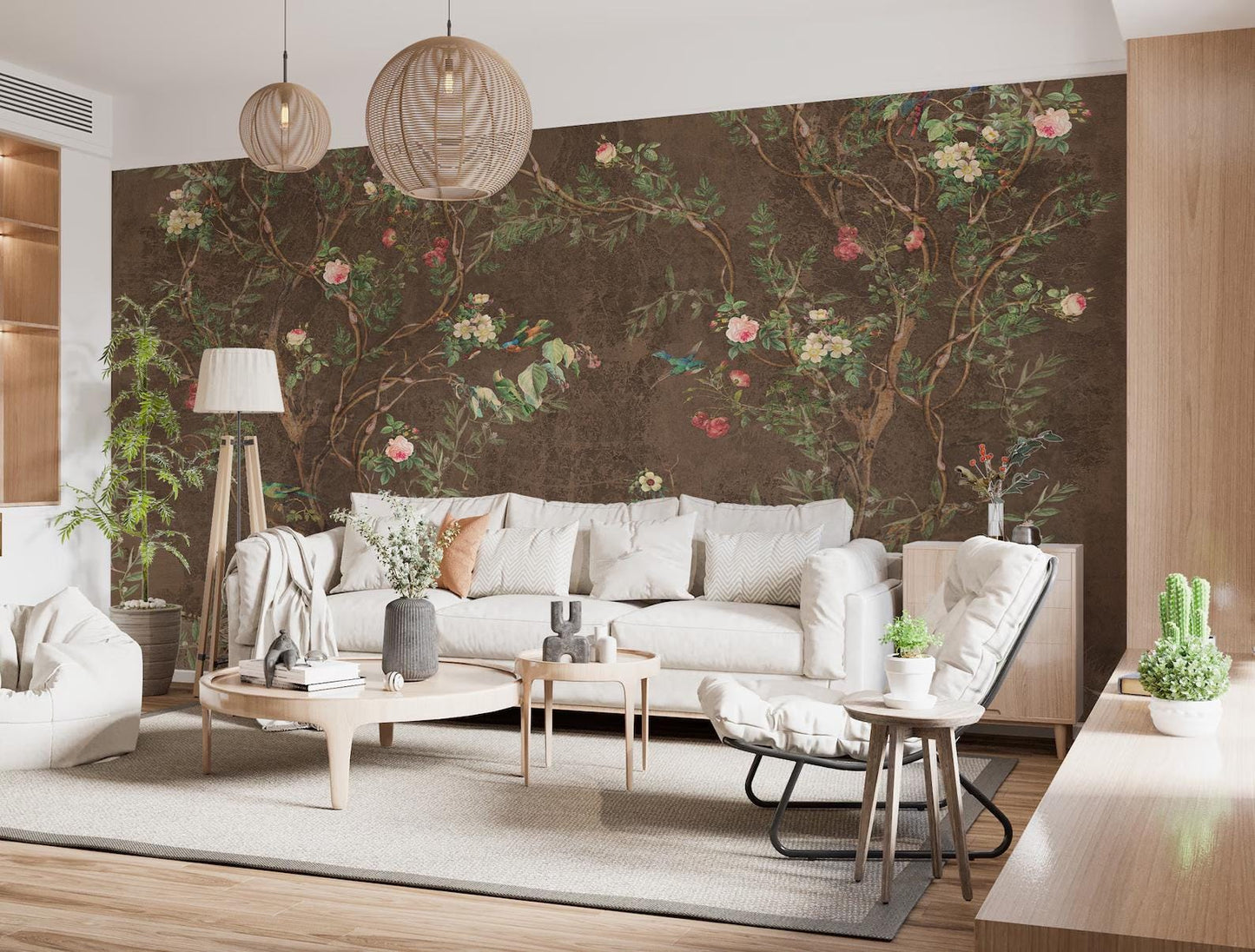 Elegant Bird and Flowers Wallpaper Brown, Spring Floral Wallpaper, Vintage Wallpaper, Romantic Mural, Bloom Wallpaper