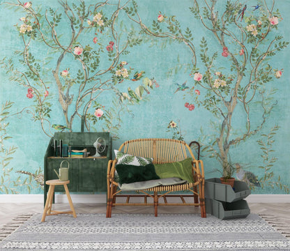 Elegant Bird and Flowers Wallpaper Turquoise Blue, Spring Floral Wallpaper, Vintage Wallpaper, Romantic Mural, Blue Wallpaper