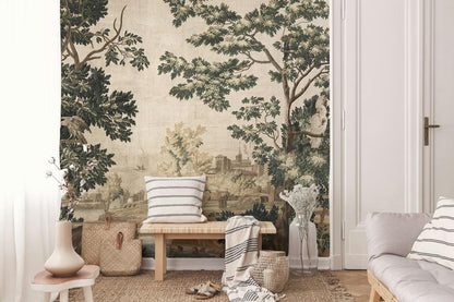 Vintage Design Wallpaper, Trees and Old Town Wallpaper, Bohemian Wall Mural, Peel and Stick Wallpaper, Mystic Room Design