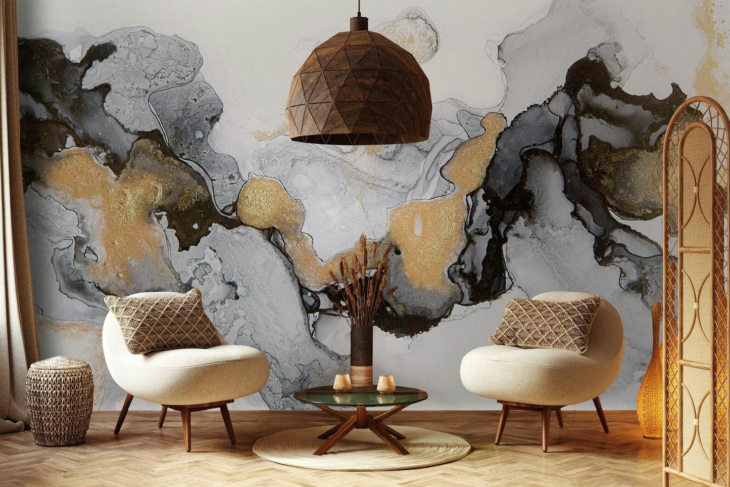 Black, Gray, White and Gold Marble Effect Wallpaper, Abstract Marble Texture Cool Mural, Stylish Wall Design, Modern Wallpaper