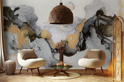 Black, Gray, White and Gold Marble Effect Wallpaper, Abstract Marble Texture Cool Mural, Stylish Wall Design, Modern Wallpaper