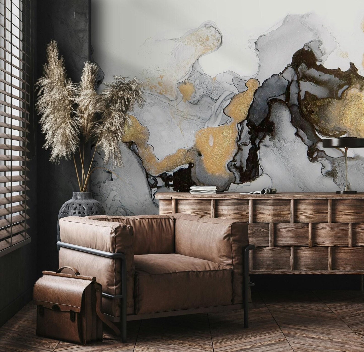 Black, Gray, White and Gold Marble Effect Wallpaper, Abstract Marble Texture Cool Mural, Stylish Wall Design, Modern Wallpaper
