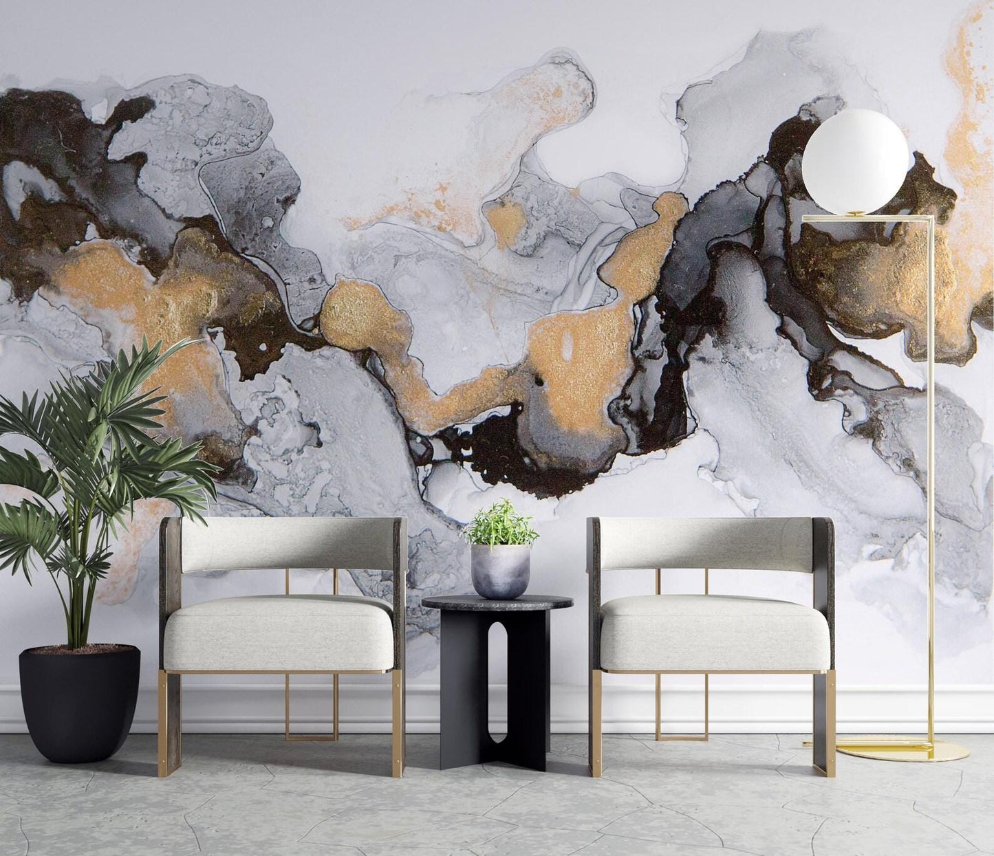 Black, Gray, White and Gold Marble Effect Wallpaper, Abstract Marble Texture Cool Mural, Stylish Wall Design, Modern Wallpaper
