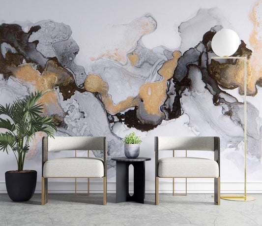 Black, Gray, White and Gold Marble Effect Wallpaper, Abstract Marble Texture Cool Mural, Stylish Wall Design, Modern Wallpaper