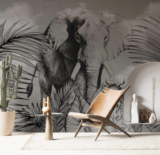 Black and White Elephant Pattern Wallpaper, Tropical Forest Wallpaper, Rainforest Wallpaper, Exotic Plant Floral Wallpaper
