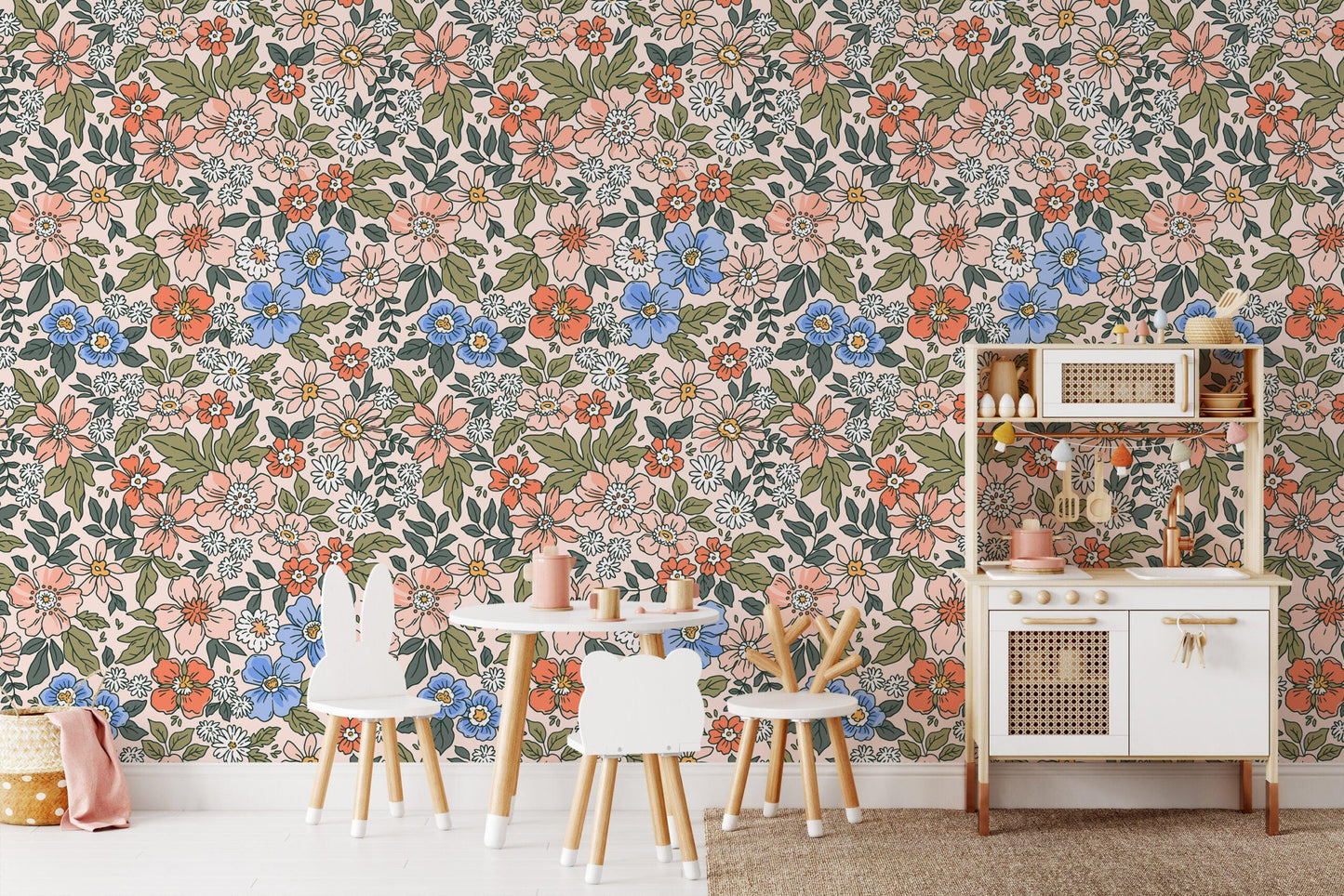 Tiny Little Flowers Wallpaper, Colourful Floral Wallpaper Nursery, Bloom Baby Girl Wallpaper, Illustration Kids Wallpaper