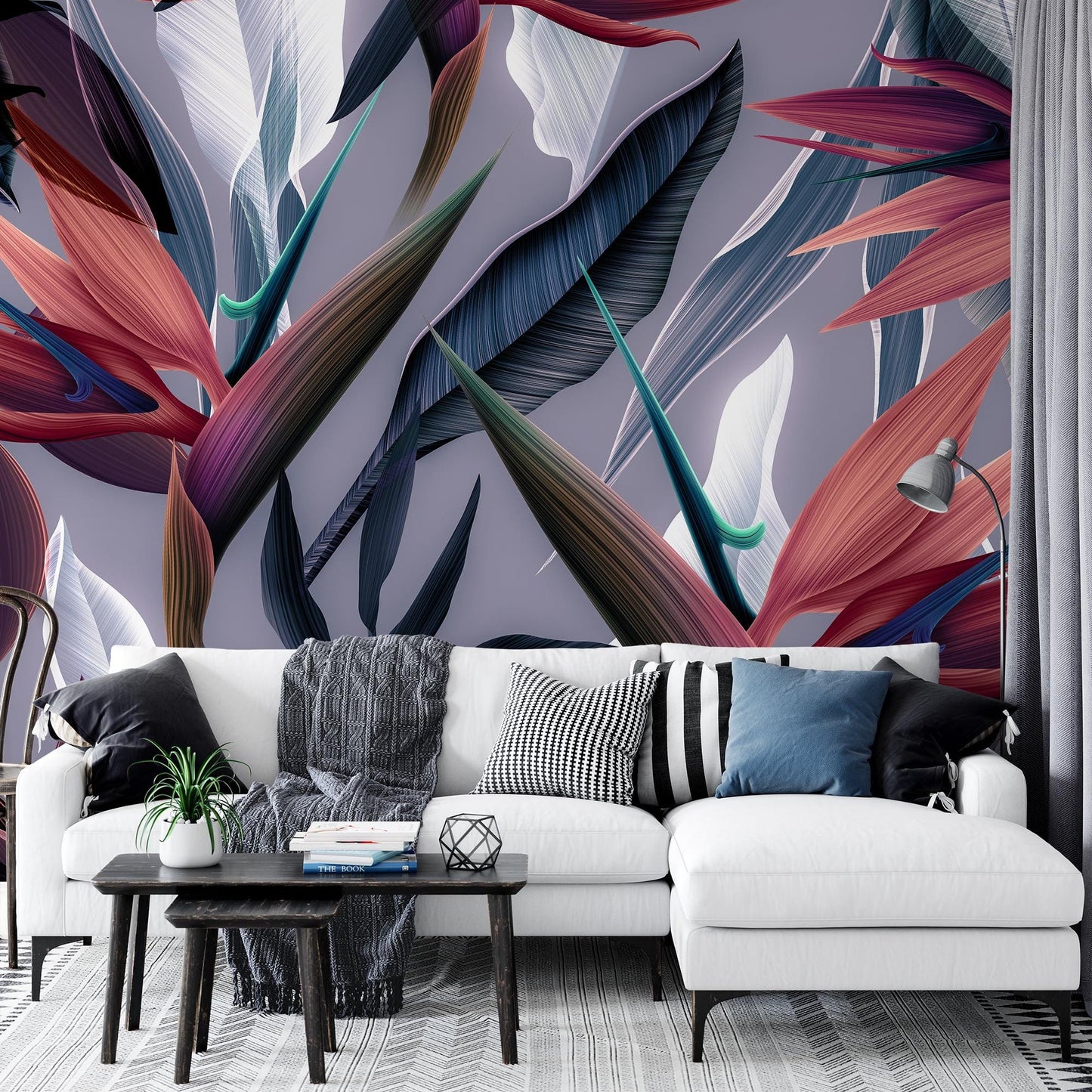 Dark Themed Bird of Paradise Flower Tropical Wallpaper, Abstract Botanical Wall Poster, Elegant Plants Wallpaper, Illustration Wallpaper