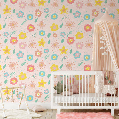 Abstract Colorful Flowers Baby Girl Wallpaper, Floral Kidsroom Wall Poster, Mini Flowers Wallpaper,Illustration Watercolor Wallpaper Nursery