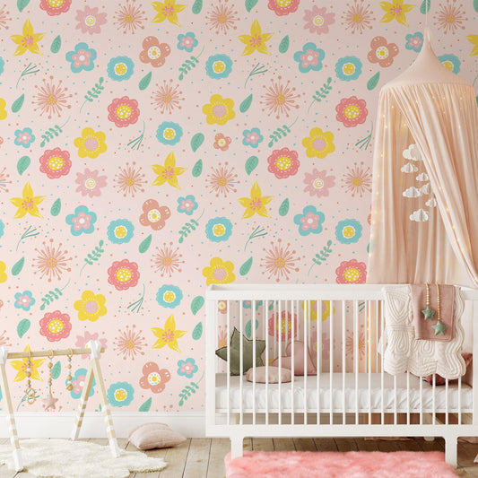 Abstract Colorful Flowers Baby Girl Wallpaper, Floral Kidsroom Wall Poster, Mini Flowers Wallpaper,Illustration Watercolor Wallpaper Nursery