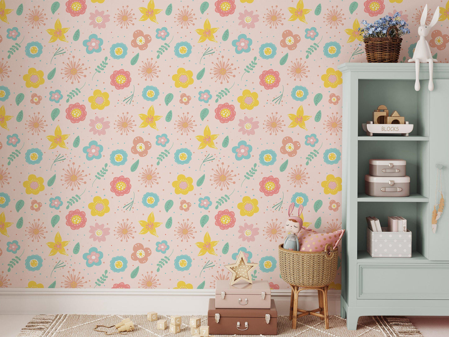 Abstract Colorful Flowers Baby Girl Wallpaper, Floral Kidsroom Wall Poster, Mini Flowers Wallpaper,Illustration Watercolor Wallpaper Nursery