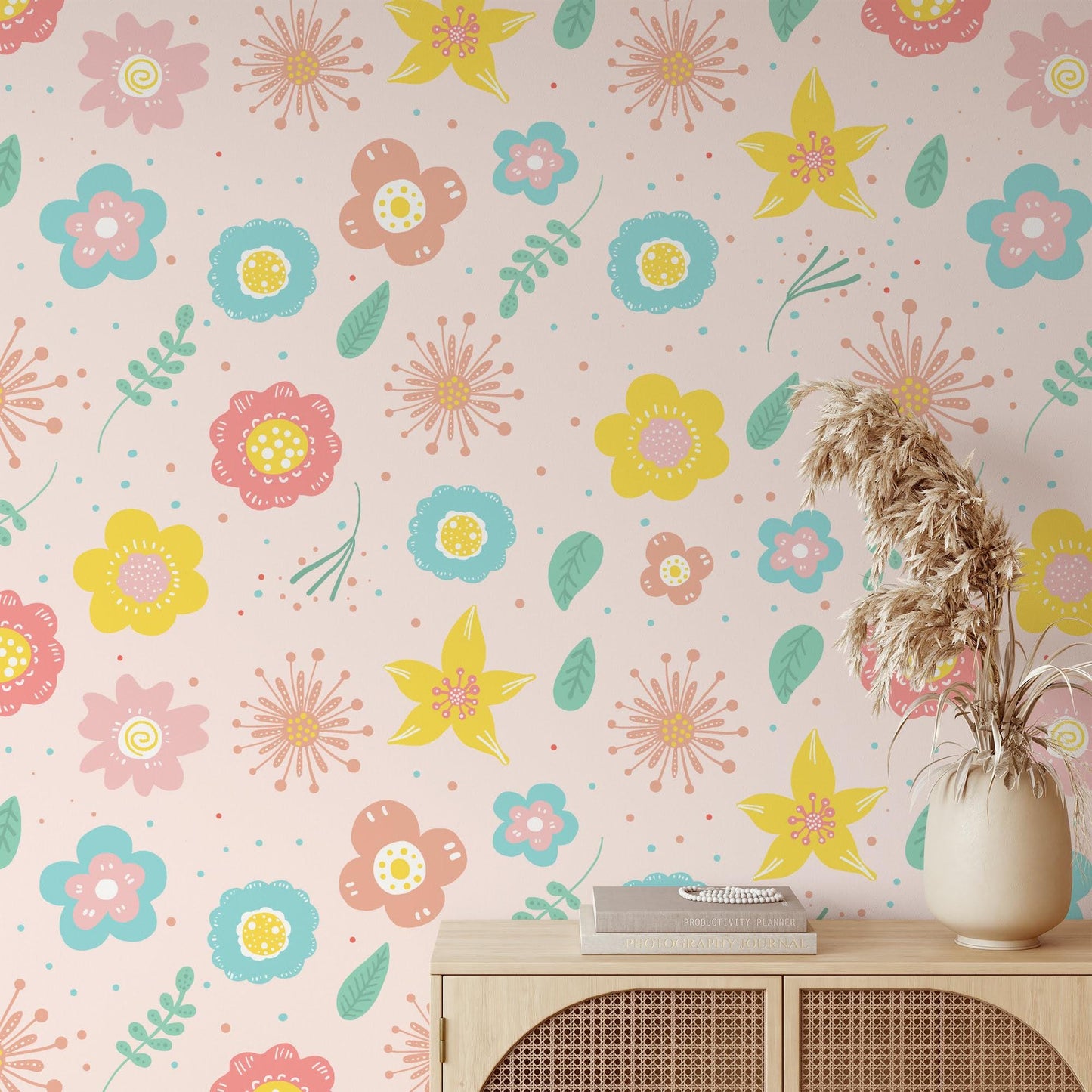 Abstract Colorful Flowers Baby Girl Wallpaper, Floral Kidsroom Wall Poster, Mini Flowers Wallpaper,Illustration Watercolor Wallpaper Nursery