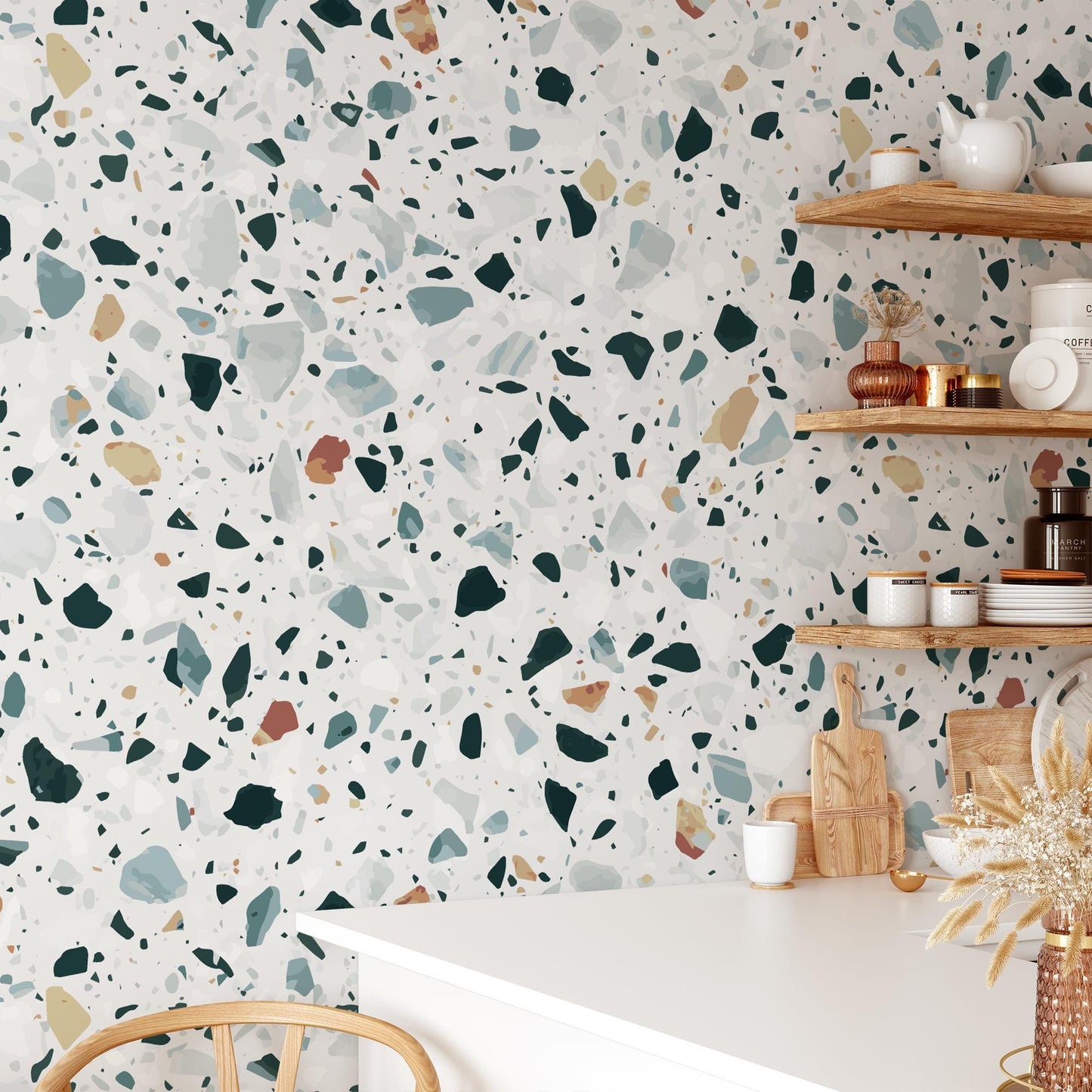 Modern Terrazzo Wallpaper, Small Colored Stone Patterns Kids Wallpaper on White Background, Wallpaper Nursery, Colourful Baby Room Wallpaper
