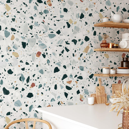 Modern Terrazzo Wallpaper, Small Colored Stone Patterns Kids Wallpaper on White Background, Wallpaper Nursery, Colourful Baby Room Wallpaper